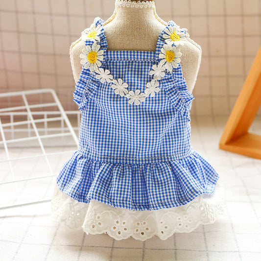 HKM-085715 Yellow Plaid Sunflower Bee Skirt for Cats - Casual Style Pet Clothing