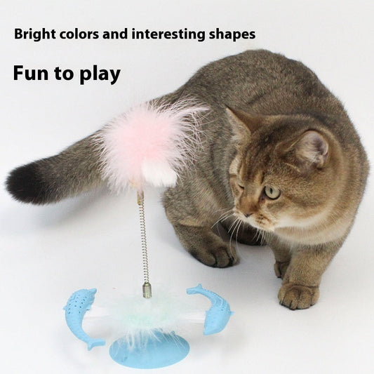 HKM-0878013 Rotating Feather Windmill Cat Toy with Suction Cup - Blue Plastic Cat Engager