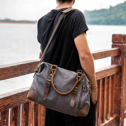 HKM-090259 Men's Casual Canvas Cross-Shoulder Bag with Cowhide Leather for Outdoor Travel and Laptop Use