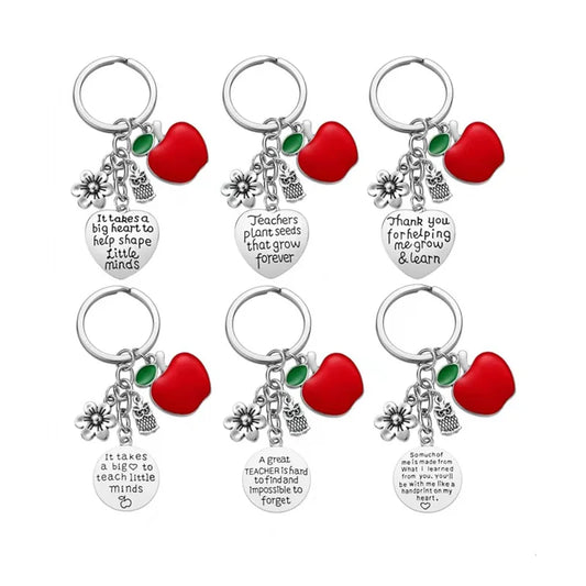 HKM-094483 Red Apple Heart Stainless Steel Keychain with Thank You Message for Teachers, Valentine's Day, and Birthdays