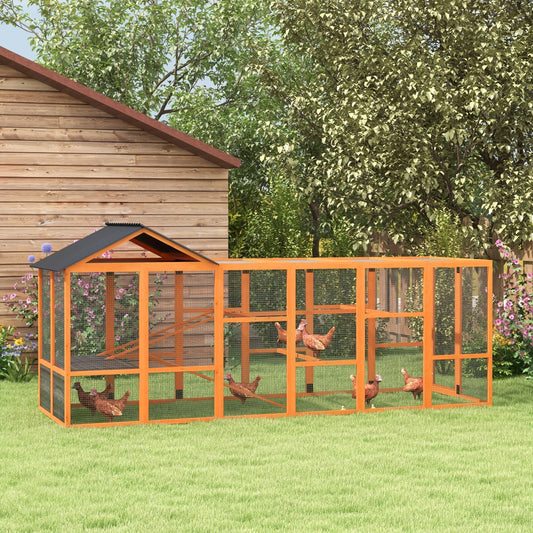 HKM-0981949 Wooden Chicken Coop Run for 6-10 Chickens with Storage, Perches & Ladders - 141.75"x48"x61", Orange