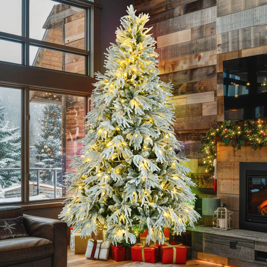 HKM-099859 7.5FT Snow Flocked Pre-Lit Christmas Tree with 350 Multi-Color LED Lights and 8 Flashing Modes