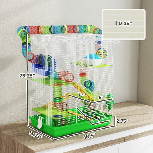 HKM-1003197 5-Tier Small Animal Cage with Tubes, Tunnels, Hut, Wheel, Food Bowl, and Water Bottle in Green