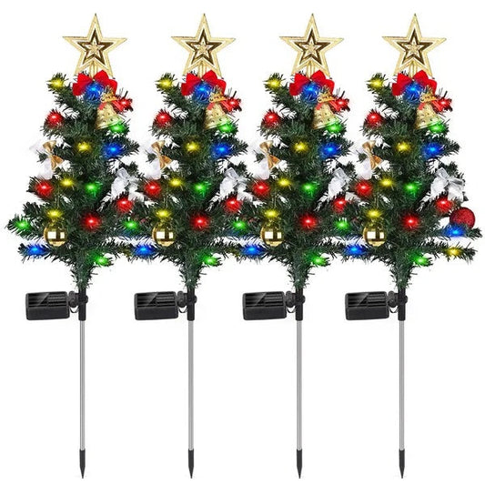 HKM-104659 Solar Christmas Tree Light Decoration Set with Constant and Flashing Modes, Includes 4 Trees, Stakes, and Accessories, IP65 Waterproof for Outdoor Use