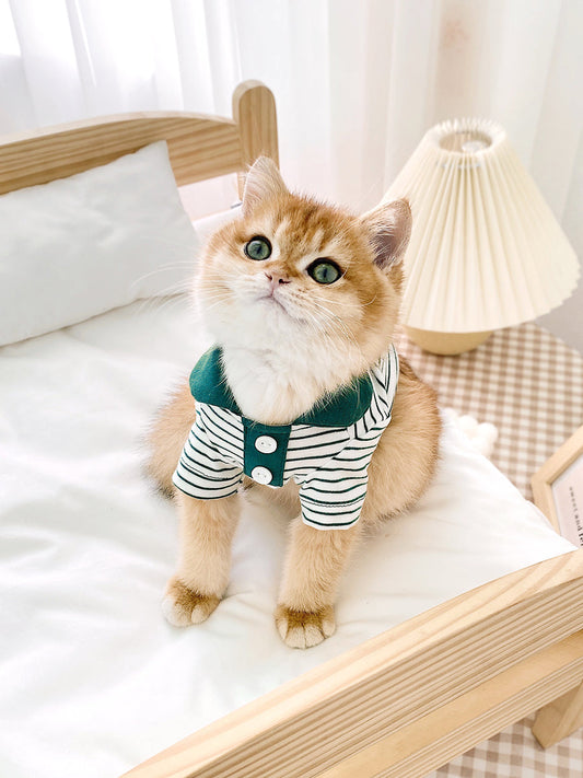 HKM-1063485 Striped Polo Shirt for Cats in Army Green, Tender Yellow, and Big Red