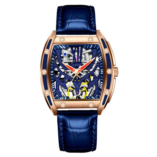 HKM-112275 Men's Automatic Mechanical Watch with Hollow Flywheel, Waterproof, Luminous Square Dial, Genuine Leather Strap