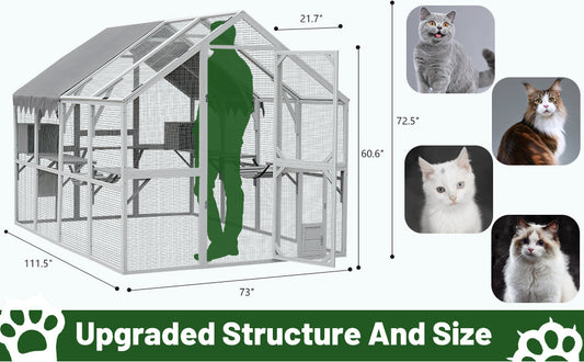 HKM-1172797 Spacious Outdoor Cat Room 110” Play Fence with Waterproof Cover and Multi-Level Design