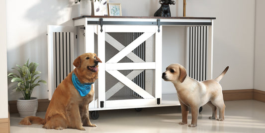 HKM-1238717 Multi-Functional Mobile Dog Crate with Flip-Top Feeding Door, Dual Access, 5 Caster System and Side Hooks