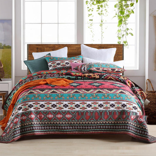 HKM-126419 Brushed Fabric Quilted Bed Cover Set - Striped Polyester Cotton, 220x240cm