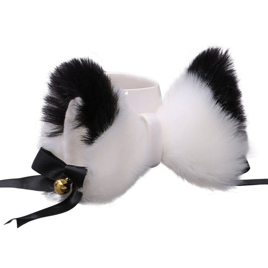HKM-128147 Cat Ears Hairpin with Bells - Plush Anime Cosplay Hair Accessory in Gray and White