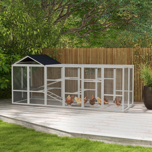 HKM-1330877 Wooden Chicken Coop Run for 6-10 Chickens with Storage, Perches and Lockable Door - 141.75" x 48" x 61" Gray