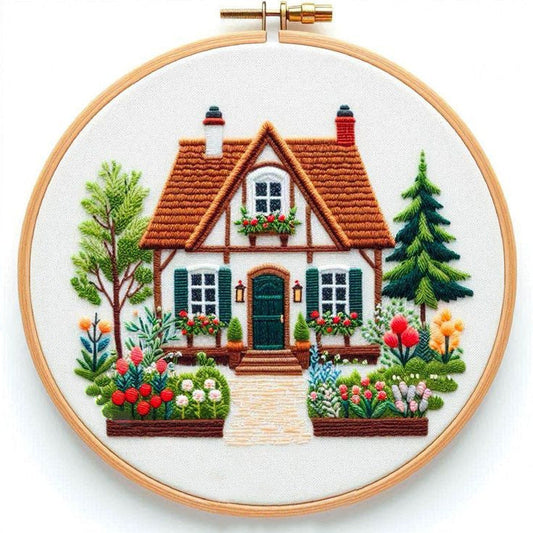 HKM-133267 Garden Cottage Landscape Embroidery Fabric Kit - Cotton & Linen, 28x28cm