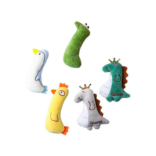 HKM-1353917 Bite-Resistant Catnip Plush Toy - Green Snake, Yellow Cockerel, Gray and Dark Green Dinosaurs, White Penguin