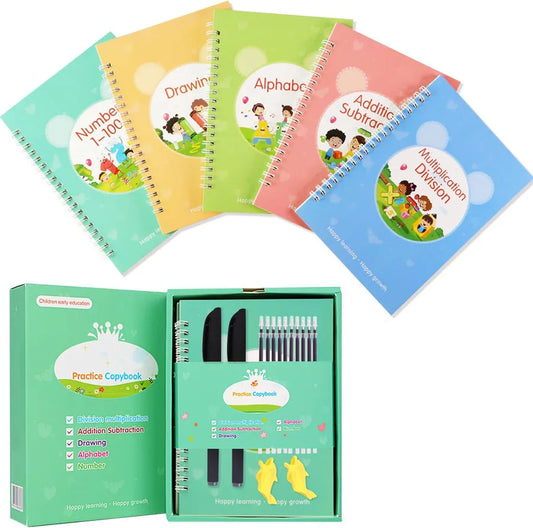 HKM-136595 Reusable Handwriting Practice Copybook for Kids - 5 Set Grooved Workbooks
