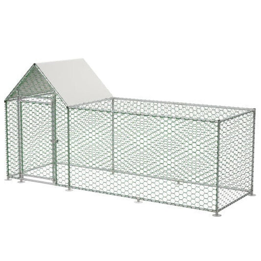 HKM-136787 Metal Chicken Coop 10x3FT Poultry Habitat Cage with Lid, UV Resistant and Waterproof Cover, Lockable Door, Silver Color