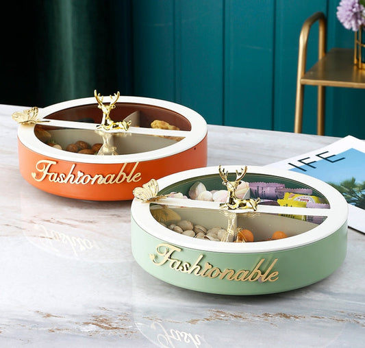 HKM-140051 Premium Round Metal Fruit Bowl - Snack Storage Box in Green, Orange, Blue, and Light Green