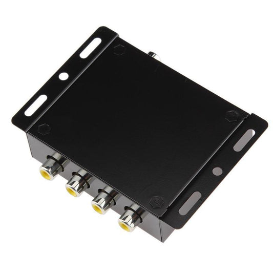 HKM-140755 4-Way AV Video Splitter - One Input to Four Outputs, Compact Design for Car Use, 12V Power Supply