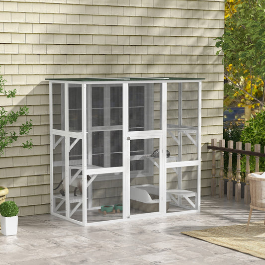 HKM-1408317 Spacious Wooden Outdoor Cat House with Six Platforms and Weather Protection, 71" L, White
