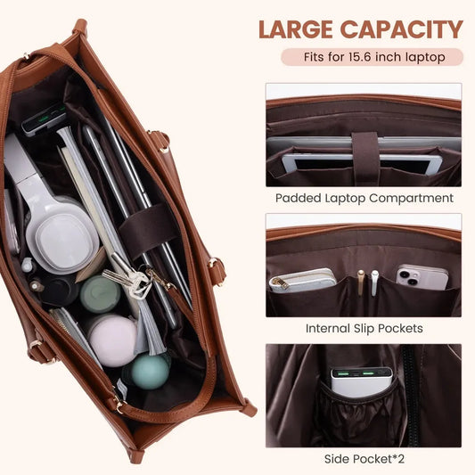 HKM-142931 Functional 15.6 Inch Leather Laptop Tote Bag Set for Women - Waterproof Office Shoulder Handbags