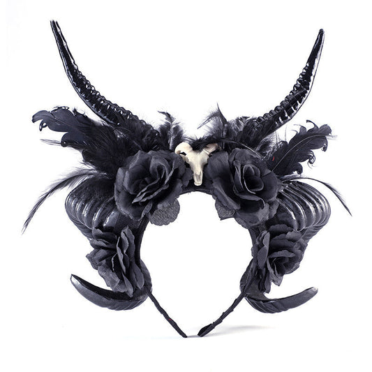 HKM-145107 Dark Antelope Horn Headdress with Black Flower Accent for Halloween Cosplay