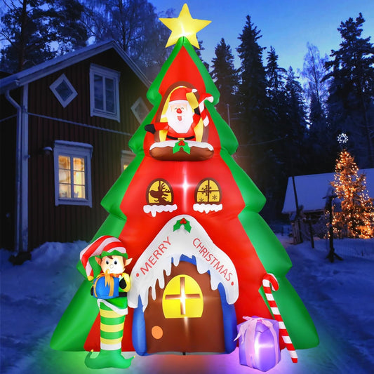 HKM-154771 10FT Inflatable Christmas Tree with Santa Claus House Decoration for Indoor and Outdoor Holiday Displays