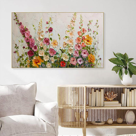 HKM-155667 Abstract Thick Oil Painting of Green Grass and Colorful Flower Fields on Canvas, Vertical Modern Artwork for Home Decor