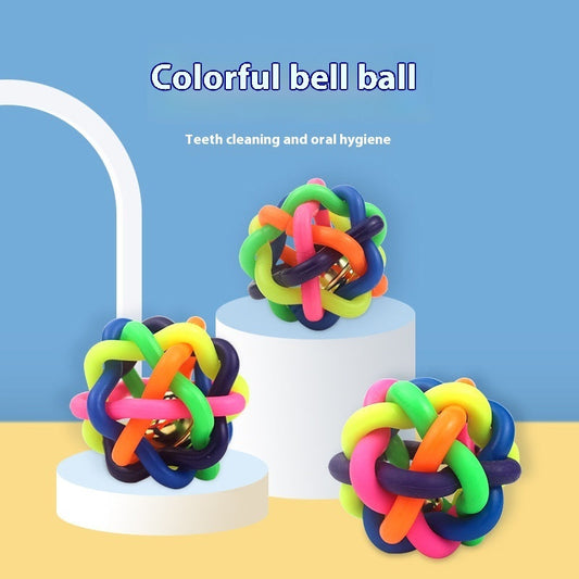 HKM-1557437 Colorful Woven Pet Toy Ball with Bell - Available in Rainbow and Macaron Colors, Multiple Sizes