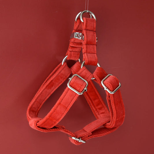 HKM-1627197 Red Flannel Adjustable Dog Harness with Gold Buckle and Matching Leash