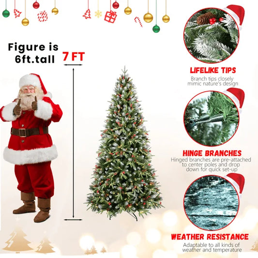 HKM-165395 7ft Artificial Christmas Tree with LED Warm White Lights and Red Pine Cone Accents, Hinged Foldable Base