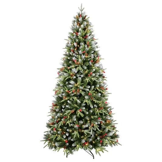 HKM-165395 7ft Artificial Christmas Tree with LED Warm White Lights and Red Pine Cone Accents, Hinged Foldable Base