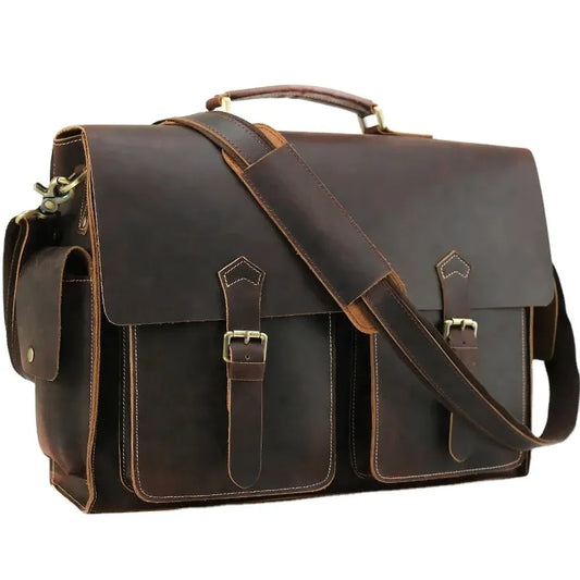 HKM-166483 Genuine Cow Leather 17 Inch Laptop Briefcase with Large Capacity for Men
