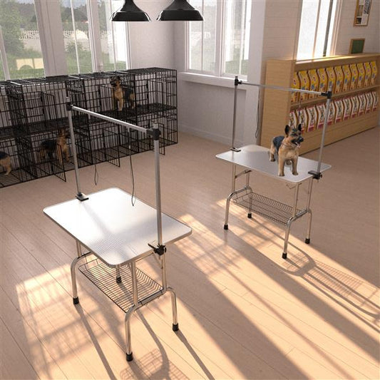 HKM-1674045 Foldable 36-Inch Pet Grooming Table with Adjustable Arm and Storage Basket