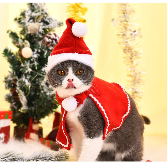 HKM-1703357 Pet Santa Cloak and Hat Set for Cats and Dogs - Red Polyester Costume for Christmas and Special Occasions