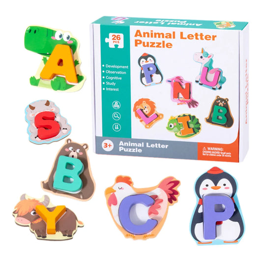 HKM-170835 Children's Wooden Animal Letter Puzzle - 26 Pcs Alphabet Matching Blocks for Educational Play
