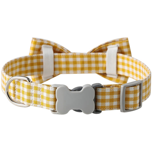 HKM-1733949 Checkered Cotton Polyester Dog Collar with Bow Tie - Multiple Colors Available