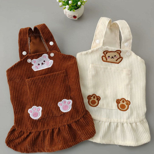 HKM-1742269 Bear Embroidered Corduroy Dress with Straps in Brown and Beige, Available in Various Sizes