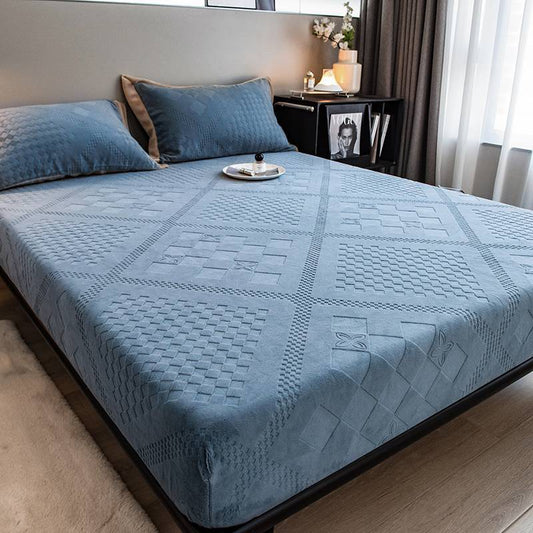 HKM-176467 Geometric Pattern Milk Velvet Jacquard Bed Sheet with Pillowcases in Various Colors and Sizes