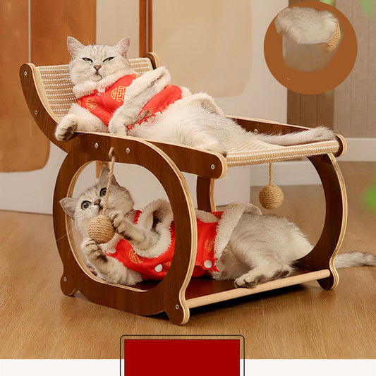 HKM-1768765 Solid Wood Sisal Cat Bed with Scratch Resistance - Multifunctional Recliner in Wood or Walnut Finish