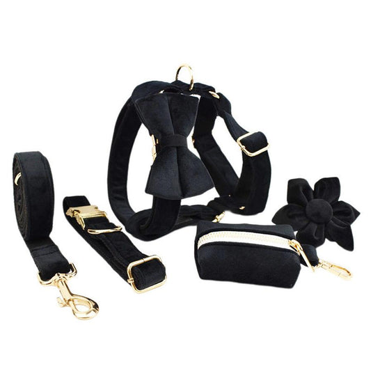 HKM-177171 Scalable Velvet Fabric Dog Collar Set with Bow, Flower, Vest, Leash & Poop Bag