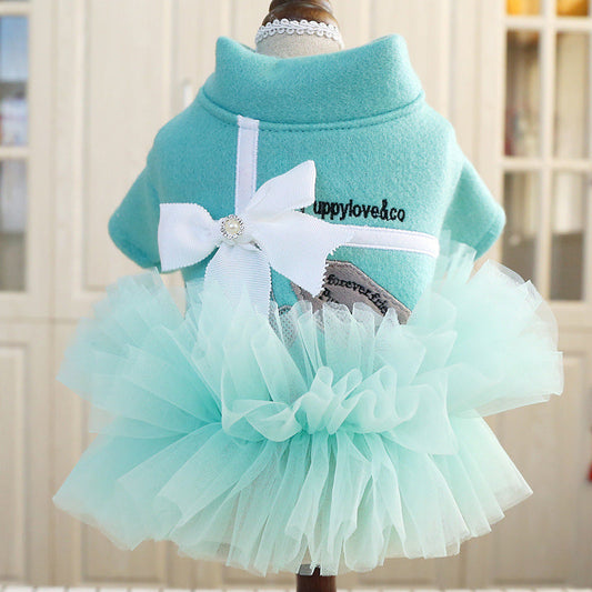 HKM-1805629 Lake Blue Princess Dress for Pets with White Bow - Gauze Skirt, Sizes XS to XL