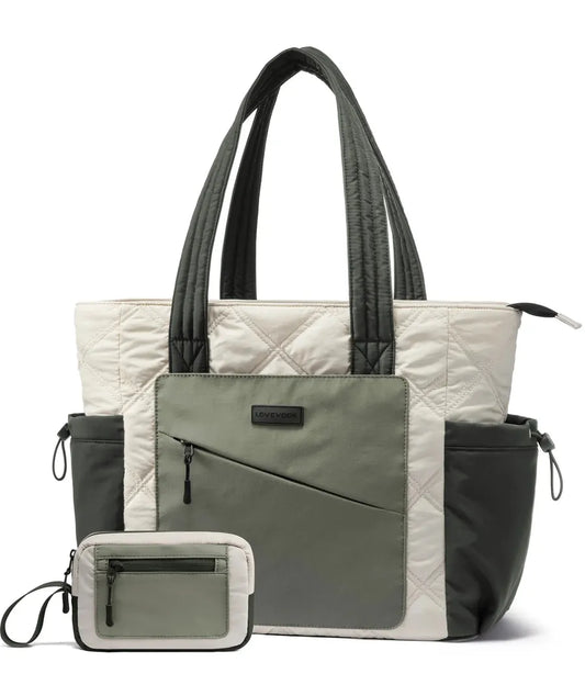 HKM-182291 Lightweight 15.6 in Quilted Laptop Tote Bag - Foldable Work Organizer and Travel Shoulder Bag for Women