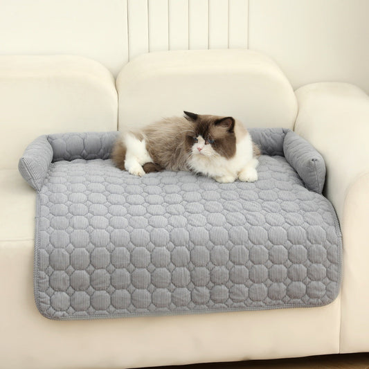 HKM-1826365 Corduroy Pet Bed with Neck Pillow ¨C Soft and Thick Calming Mat for Home, Car, and Outdoor Use (75x75CM)