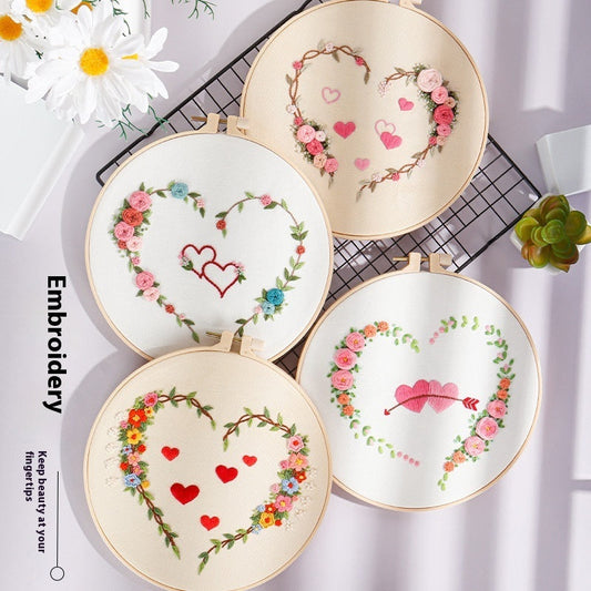 HKM-185043 DIY Heart-to-Heart Embroidery Kit for Valentine's Day - Cotton Cloth with 20cm Bamboo Ring and Taboret