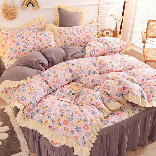 HKM-186195 Girly Heart Lace Bed Skirt and Duvet Cover Set in Various Floral Colors for 1.5m and 1.8m Beds
