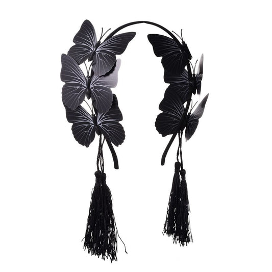 HKM-191379 Gothic Butterfly Headband with Tassels in Black, Made of Durable Plastic and Resin