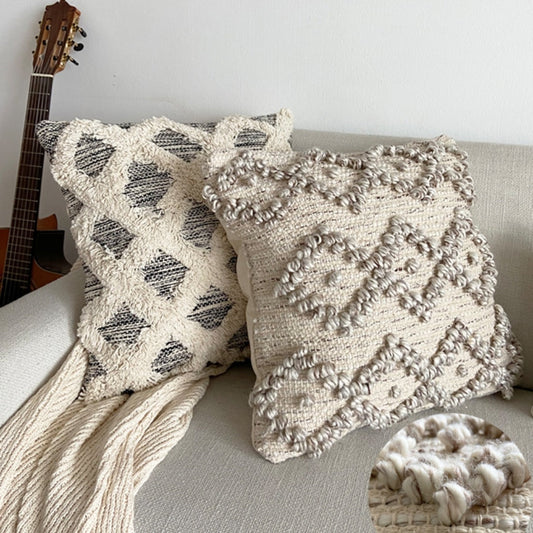 HKM-193235 Handwoven Beige Geometric Throw Pillow Cover with Tassels, 45x45cm