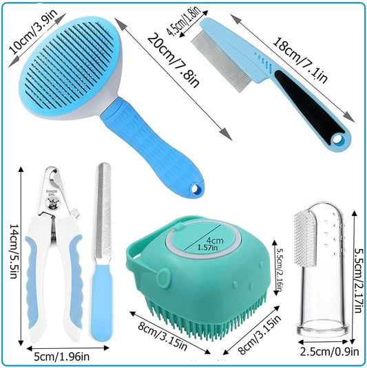 HKM-1945661 7-Piece Pet Grooming Set with Self-Cleaning Brush, Nail Clipper, Flea Comb, Bath Brush, and Toothbrush