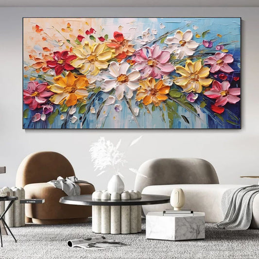 HKM-196499 Colorful Spring Flowers Handmade Oil Canvas Art – White Floral Wall Decor for Living Room and Bedroom