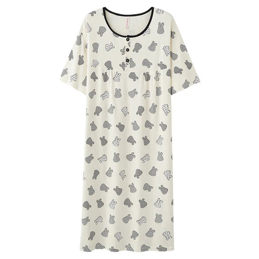 HKM-198099 Mid-length Fashion Nightdress Summer New Cotton Nightgown Cartoon Round Neck Short Sleeves Loose Loungewear Dress