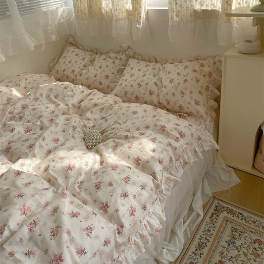 HKM-200851 Cotton Lace Bed Sheet Set with Quilt Cover and Bed Skirt - Minimalist Design